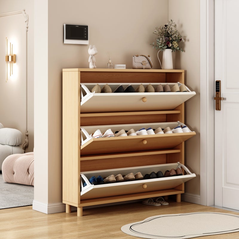 Sharpdo 3-Tier Solid Wood Flip-Top Shoe Cabinet, Ultra-Thin Entryway Shoe Rack Shoe Storage for Narrow Spaces, 80×17×120 cm - Image 2